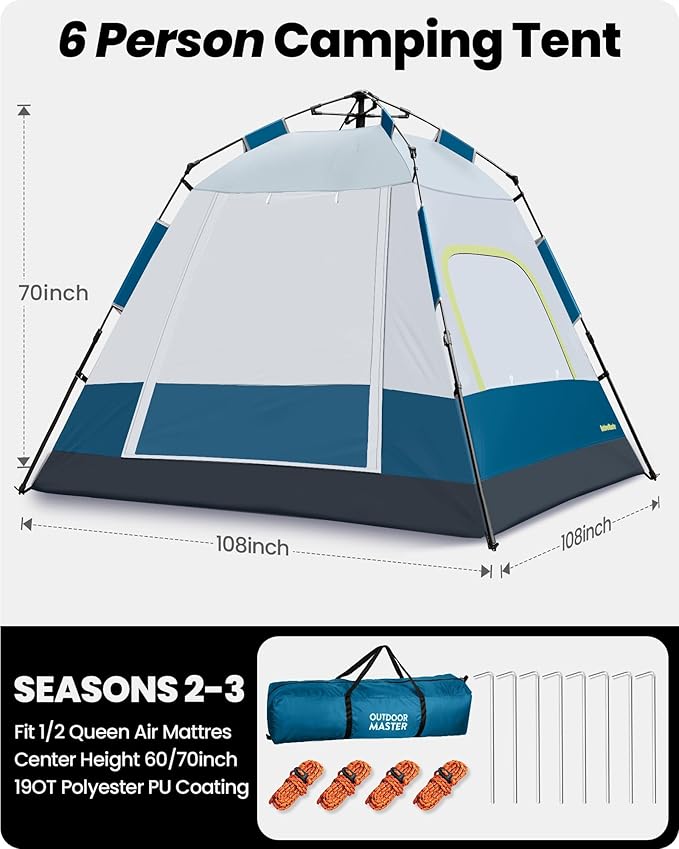 OutdoorMaster Updated Camping Tents, 4/6 Person Camping Tent with Blackout Shelter Technology, Easy Setup in 60 Seconds, Weatherproof Pop Up Tent with Top Rainfly, Instant Cabin Tent