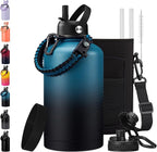 BENZZO 64/128 oz Water Bottles with Straw Auto Spout lid Keep Cold 48h,half gallon Water Jug Insulated with Carrier,Paracord Handle & Boot