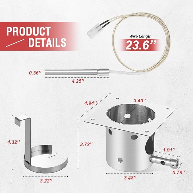 Stainless Steel Fire Burn Pot and Hot Rod Ignitor Kit for Traeger and Pit Boss,Camp Chef Pellet Grills, Heavy Duty Fire Pot Burner Pot Pellet Grill Replacement Parts with Ash Remover, Screws and Fuse