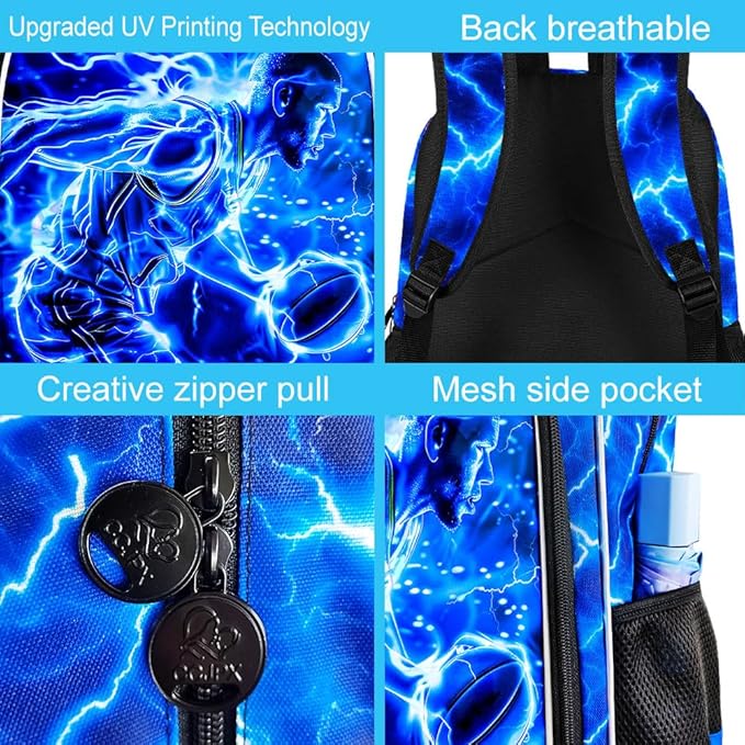 17" Basketball Backpack for Boy, 3Pcs Lightning Bookbag for Elementary Preschool Kindergarten, Kids School Backpacks with Lunch Box (Blue)