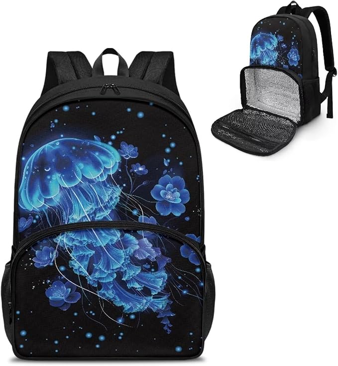 17in Laptop Backpack with Insulated Cooler Lunch Compartment, Extra Large Travel Business Work Computer Backpacks Purse College Bag, Casual Hiking Meal Backpack, Blue Jellyfish Flower