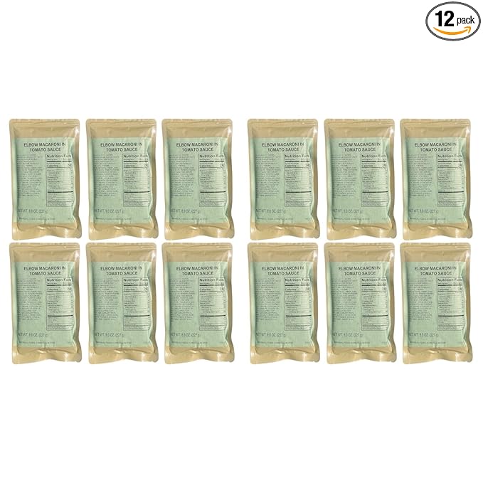 MRE (Meal-Ready-to-Eat) | Single Serving Entree | Emergency Meals | Survival Food | Fresh Dates | Long Shelf Life | Made in USA (12-Pack, Elbow Macaroni in Tomato Sauce)