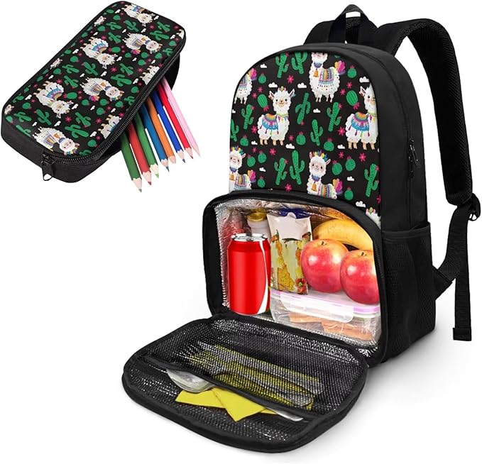 School Backpack for Kids Bookbag Insulated Cooler Backpacks with Lunch Box and Pencil Case Reusable Water Resistant Tote Food Bag for College Camping Picnics, Cactus Alpaca