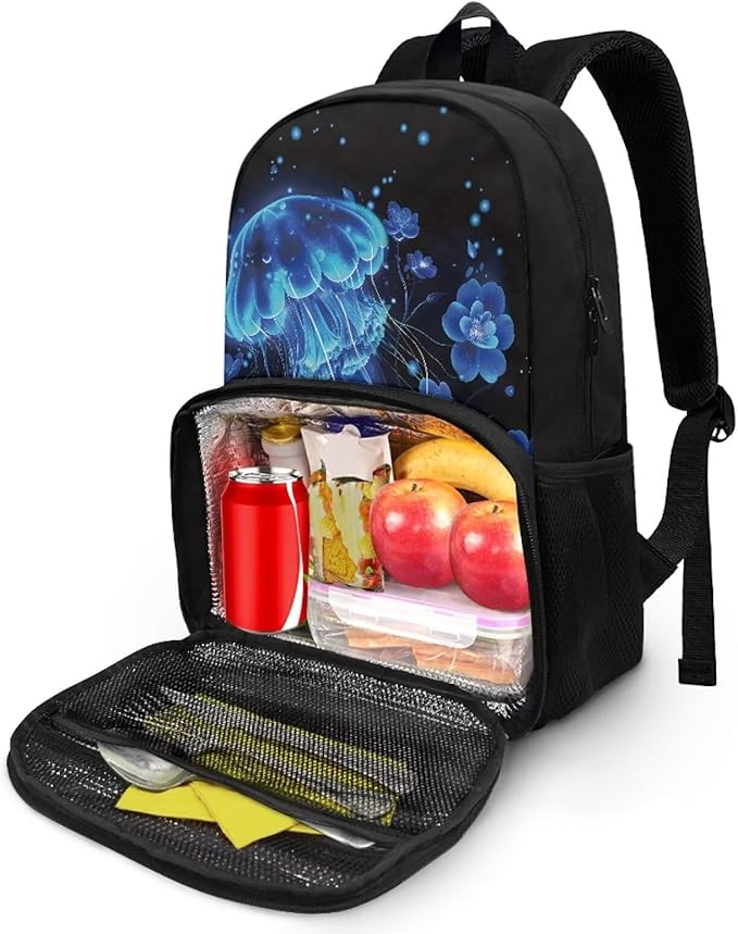 17in Laptop Backpack with Insulated Cooler Lunch Compartment, Extra Large Travel Business Work Computer Backpacks Purse College Bag, Casual Hiking Meal Backpack, Blue Jellyfish Flower