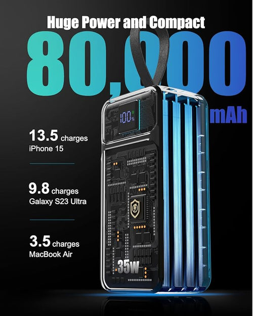 80000mAh Power Bank, 35W Fast Charging Portable Charger Built-in 3 Cables with 7 Ports, High Capacity External Battery Pack for iPhone,Galaxy,Steam Deck, Camping Travel Essentials