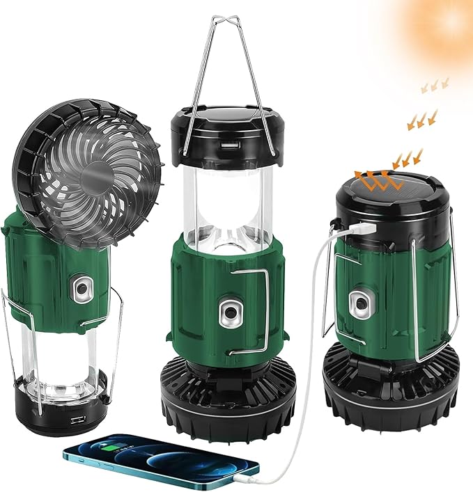 2025 Solar Camping Lantern with Fan,Rechargeable Camping Fans Charging for Phone, Battery Operated Light for Hurricane Power Outage Tent Emergency Camping Gear Must Haves, Christmas gifts for Mens Dad