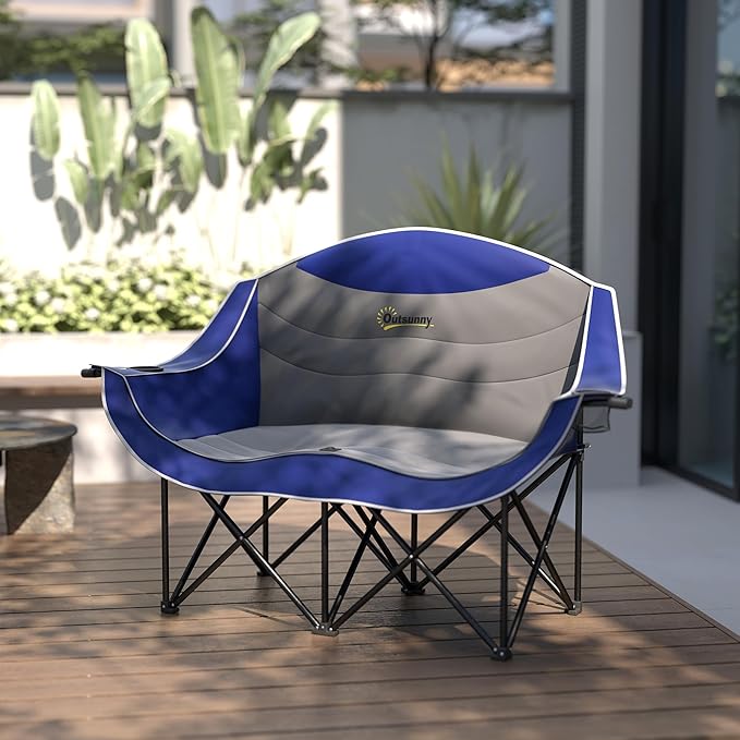 Outsunny Double Camping Chair for Adults, Padded Folding Camp Chair for 2 Person with Armrest, Wine Glass Holder, Cup Holder, Carry Bag for Outdoor Sports, Picnics, Supports up to 552 lbs.