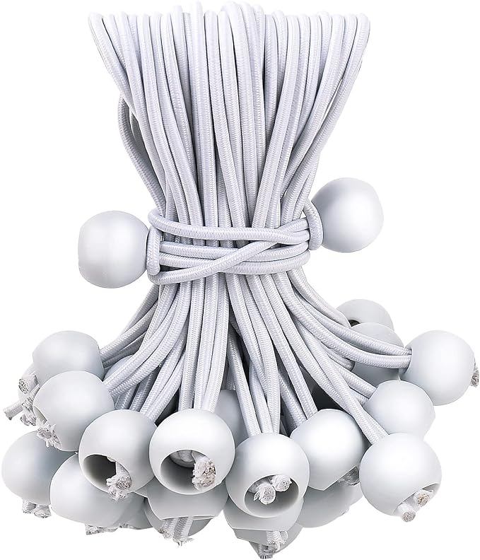 50PCS White Ball Bungee Cords, 12 Inch Heavy Duty Outdoor Bungee Cord with Balls, Tarp Tie Down Bungee Balls for Shelter, Camping, Cargo,Tent Poles UV Resistant（Ball Size 1 inch）