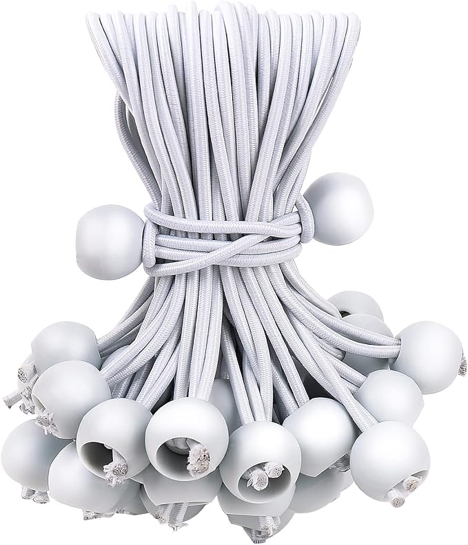 50PCS White Ball Bungee Cords, 9 Inch Heavy Duty Outdoor Bungee Cord with Balls, Tarp Tie Down Bungee Balls for Shelter, Camping, Cargo,Tent Poles UV Resistant（Ball Size 1 inch）