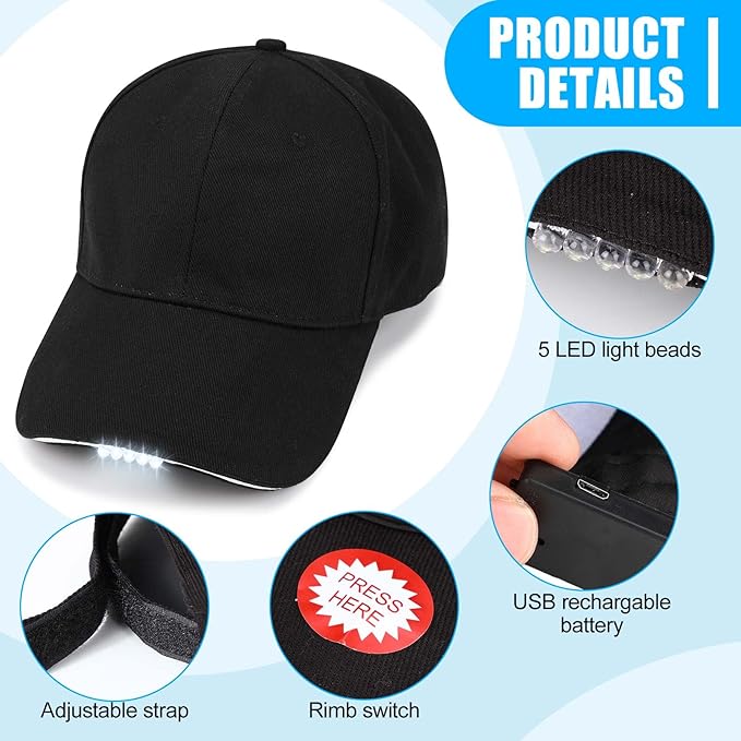 Coume Baseball Cap with Light Rechargeable LED Hat with USB Cable and Battery, Full Cotton Adjustable Headlamp Hat for Fishing Jogging Camping Hand Work(Black)