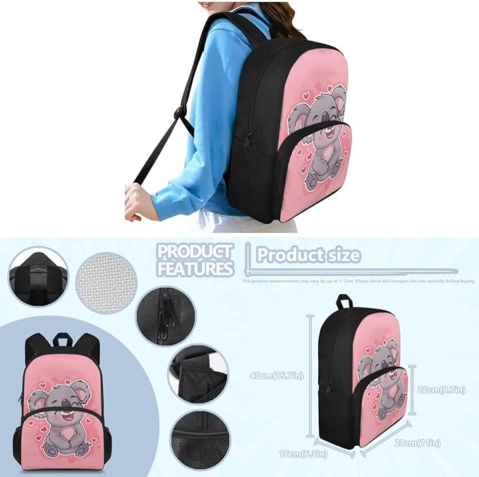 Pink Koala Boys Backpacks for Elementary School Bags for Kids 6-8 with Lunch Box Water Bottle Holder with Strap and Pencil Pouch 4 In 1 Lightweight Shoulder Bags Daypack