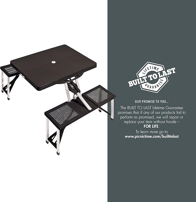 Picnic TIME Portable Folding Picnic Table with Seats for 4, Collapsible Aluminum Table with Benches & Umbrella Hole, Lightweight Foldable Table for Camping, Travel, Backyard, Tailgating | with Umbrella Hole