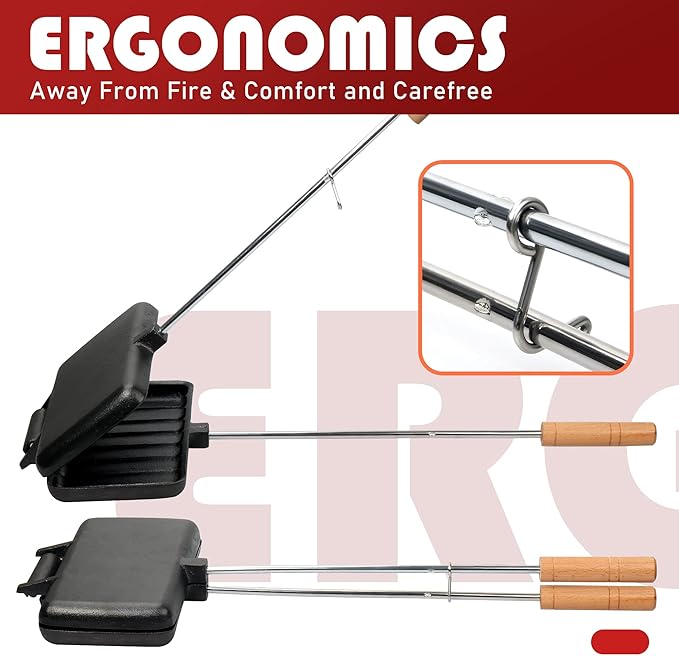 Double Pie Irons for Camping Cast Iron, Portable Mountain Campfire Pie Maker, Cast Iron Campfire Pudgy Maker, Sandwich Press for Camping
