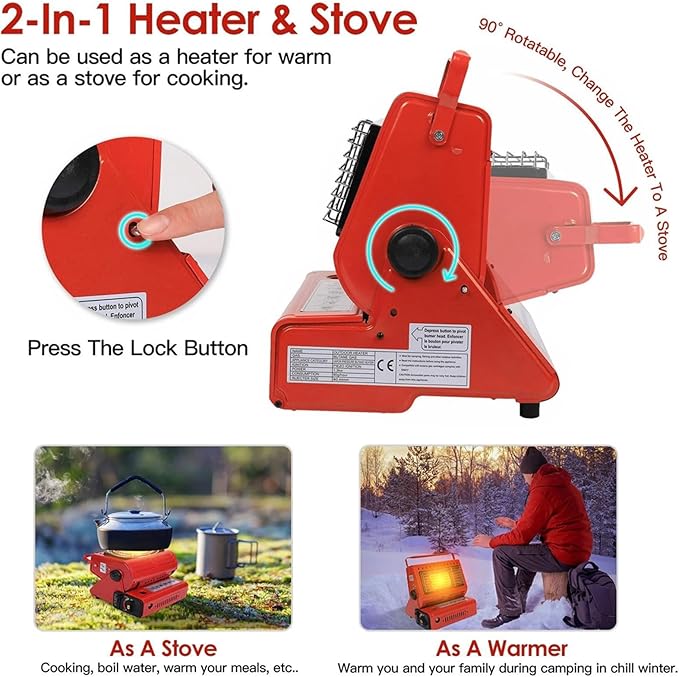 Upgraded 2 In 1 Portable Indoor Butane Heater & Stove with Self Ignition, Safe & Cordless Non Electric Heaters, Butane Emergency Heater for Power Outage, For Camping, Tents, Outdoor (Red)