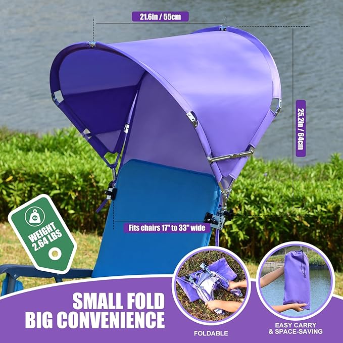 Universal Chair Umbrella Canopy, UPF 50+ Chair Sun Shade Attachment with Adjustable Clamp Fits Most Brands’ Beach, Camping, Lawn, Wheelchair, Tanning, Zero Gravity, Lounge, Fishing Chairs, Patented