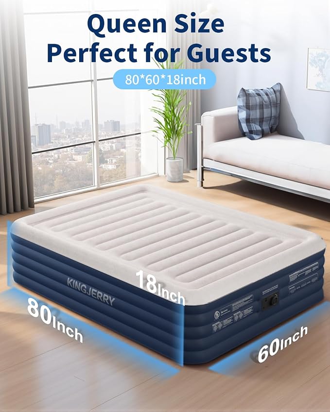 KINGJERRY Queen Air Mattress with Built-in Pump, 18" Raised Comfort Inflatable Mattress with Leak-Proof Air Chamber, 800 lbs Heavy-Duty Support, Thick & Durable Blow Up Bed for Home, Guests & Camping