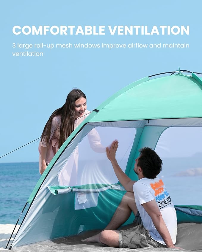 OutdoorMaster Beach Tent for 3/4/6/8 Person - Easy Setup Sun Shade Shelter, Portable Beach Shade Sun Canopy with UPF 50+ UV Protection, Removable Skylight Family Size