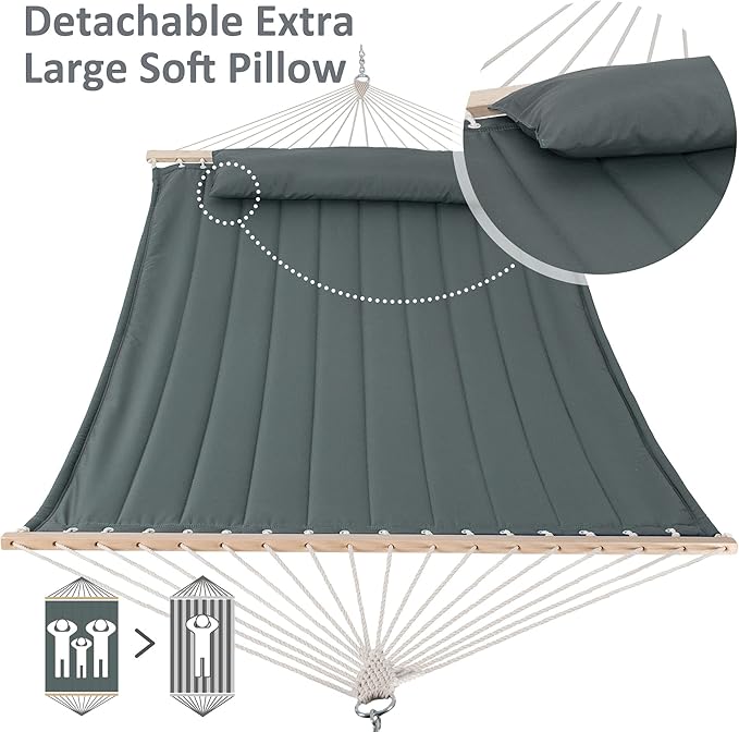 SUNCREAT Double Hammock for 2 Person, Extra Large Outdoor Portable Hammock with Hardwood Spreader Bar, Soft Pillow, 475 lbs Capacity, Gray Green