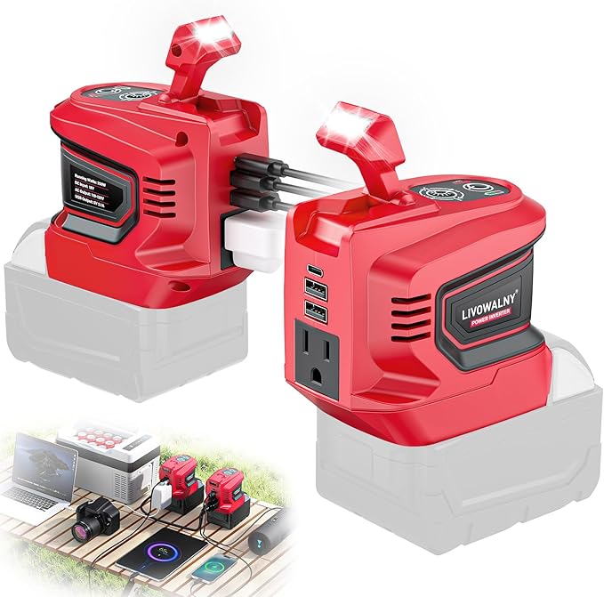 LIVOWALNY 200W Power Inverter Compatible with Milwaukee 18V Battery, DC 18V to AC 110-120V Power Station with 1 AC Outlet, 2 USB, 1 Type-C & LED Light, for Camping Power Outage (No Battery) (2-Pack)