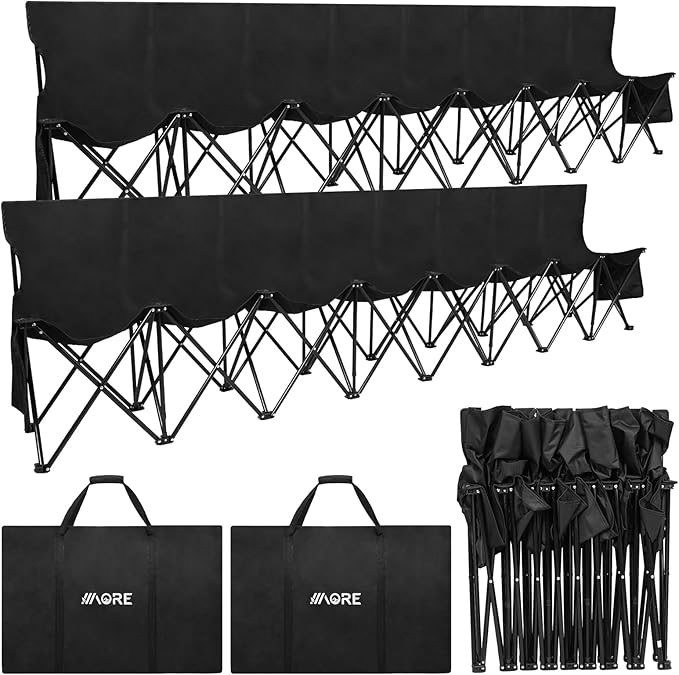 1MORE Soccer Bench - Portable Folding Team Bench, 8 Seats Foldable Sideline Benches, Soccer Chair with Bag & Backrest, Adult Team Chair for Football Camp Sport Events Outdoor Seating.Black -2PACK