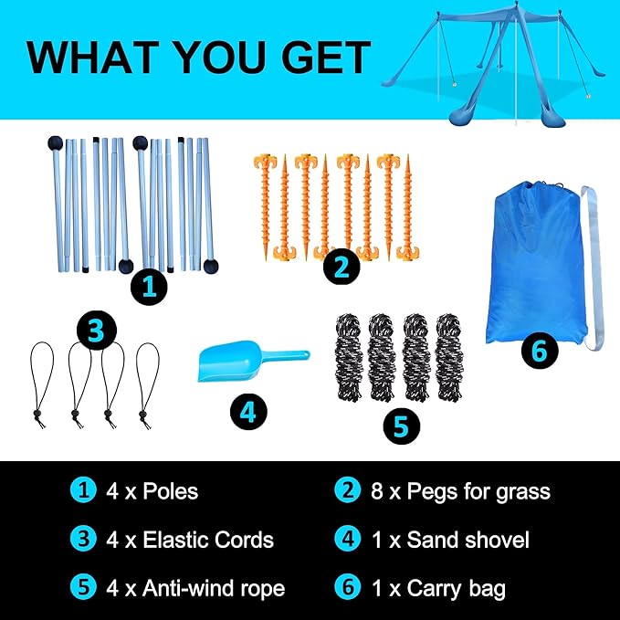 Beach Canopy Tent Sun Shade with 6 Sandbags, Beach Tent Sun Shelter UPF 50+ UV Protection, Poles and Ground Pegs and Anti-Wind Ropes for Outdoor, Camping, Backyard and Picnics