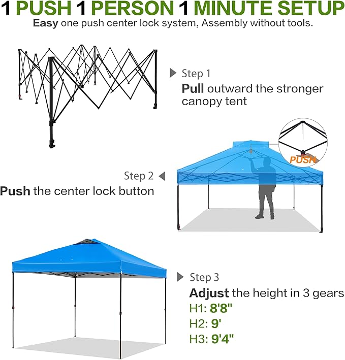 10'x10' Pop Up Canopy Tent with 1 Sidewall and 6 Pockets, One Push Setup, Instant Shade Tent with Vented Roof for Beach Patio Outdoor, Case, 8 Stakes, 4 Ropes, 4 Sandbags (Blue, 10x10)
