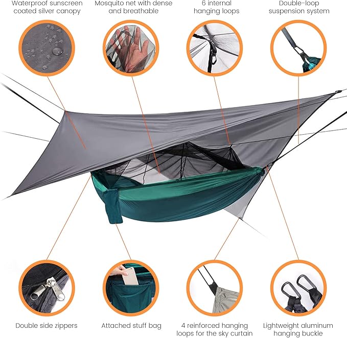 Camping Hammock with Mosquito Net & Rain Fly Tent Tarp & Tree Straps Portable Strong Nylon Hammock Parachute Tent w/Storage Bag for Camping Hiking Backyard Outdoor Backpacking Travel