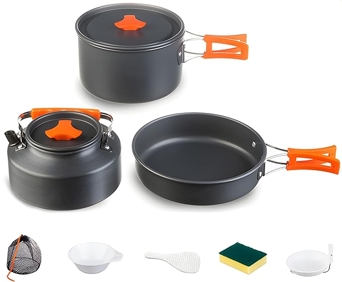 Collapsible Camping Cookware Set, Portable 4-in-1 Outdoor Camping pots and Pans Set with Nonstick Frypan, Pot, Kettle & Carry Bag, Hard-Anodized Aluminum for Camping, Hiking (2-6 Person)