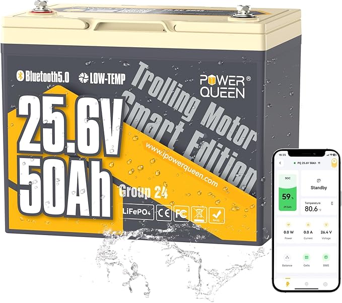Power Queen 24V50Ah LiFePO4 Battery with Bluetooth 5.0 Remote Control, Low-temperature Protection, 1280Wh Energy, Deep Cycle Lithiumn Battery for 24V Trolling Motor Up To 100 lbs