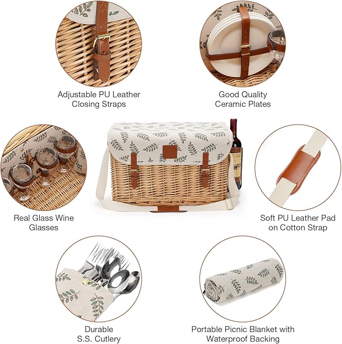 Picnic Basket with Table, Wine Picnic Basket Set 4, Wicker Picnic Basket for 4, Willow Hamper Service Gift Set with Blanket & Portable Wine Snack Table for Camping and Outdoor Party