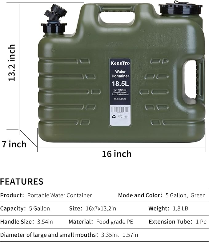 5 Gallon Water Jug, Camping Water Container, Truly No Leakage Water Storage with Spigot, Large Military Green Water Tank,BPA Free Portable Overlanding Gear for Outdoors,Hiking