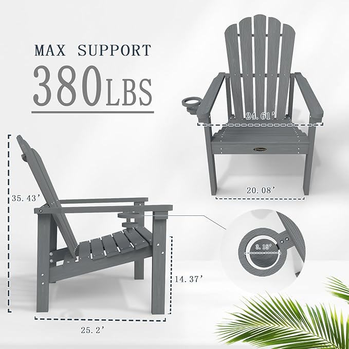 Stackable Adirondack Chair, HDPE All-Weather Adirondack Chairs - Durable and Space Saving, Plastic Outdoor Fire Pit Chairs with Cup Holder,Grey