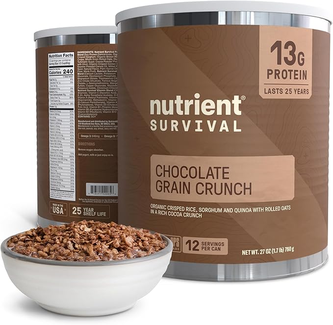 Nutrient Survival MRE Cereal, Chocolate Grain Crunch (12 Servings) Freeze Dried Prepper Supplies & Emergency Food Supply, Dairy & Gluten Free, Shelf Stable Up to 25 Years, One Can
