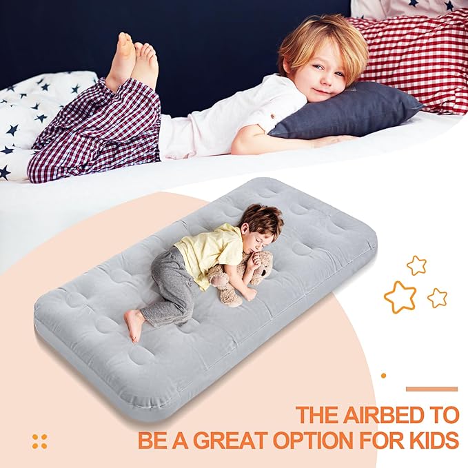 Geetery Kids Air Mattress Toddler Inflatable Airbed 55x27.6x8.7 Inch Foldable Comfort Flocked Blow up Bed with Patch Kit Portable Sleepover Mattresses for Home Travel Camping Party(Gray, 4 Pcs)