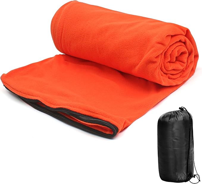Fleece Sleeping Bag Liner, Cold Weather Blanket, 75 x 31 In, Lined Sack Sleep Travel Sheets with Zipper, Thermal Warmth Pad Lightweight Thin Down Insert Bags for Adults Camping Winter Unisex (Orange)