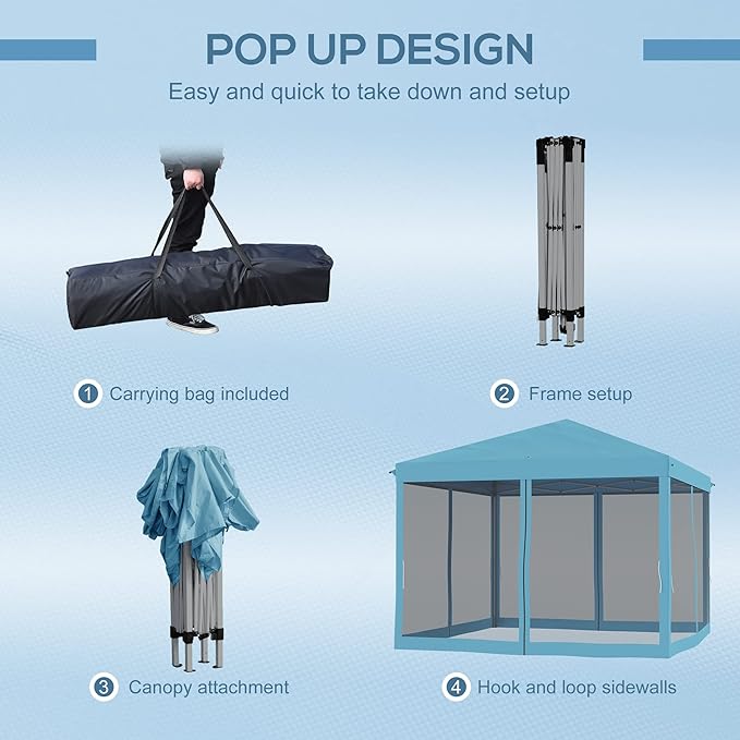 Outsunny 10' x 10' Pop Up Canopy Tent with Netting, Instant Gazebo, Screen House Room with Carry Bag, Height Adjustable, for Outdoor, Garden, Patio, Camping, Light Blue