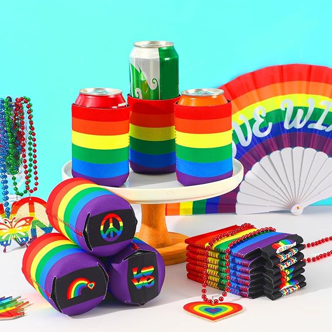 18 Pack Pride Rainbow Can Cooler Sleeves Beer Drink Can Bottle Cooler Sleeves Cooler Collapsible for Pride LGBT Bisexual Parades Decorations Party Favors Accessories