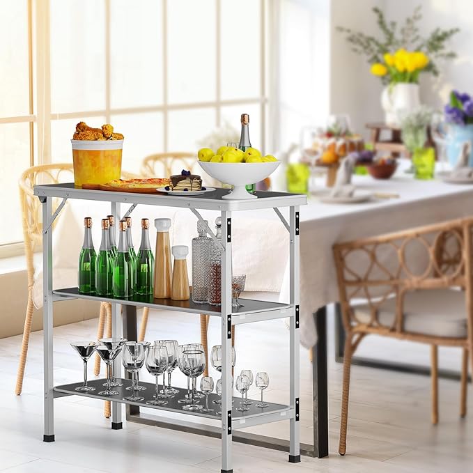 VINGLI Camping Table, Aluminum Portable Bar Table 39''L x 34''H, 2-Tier Storage Shelves, Removable Oxford Cloth, Carrying Bag, Lightweight Folding Table for Events, Outdoor, Party, Picnic