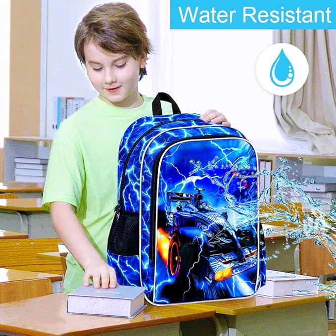 17" Cars Backpack for Boy, 3Pcs Lightning Bookbag for Elementary Preschool Kindergarten, Kids School Backpacks with Lunch Box (Blue)