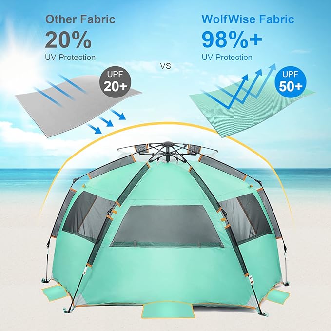 Wolfwise Instant Beach Tent Sun Shelter with Zippered Extendable Porch for Privacy, Portable Beach Tents with Carrying Bag, Easy Setup Pop up Shade for 3-4 Person, 85 x45x49 in, Mint Green