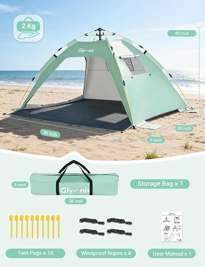 Glymnis Pop Up Beach Tent Sun Shade Shelter for 3-4 Person with UPF 50+, Lightweight & Easy Setup, Vent Windows & Zippered Door, Extended Floor Family Instant Beach Tent