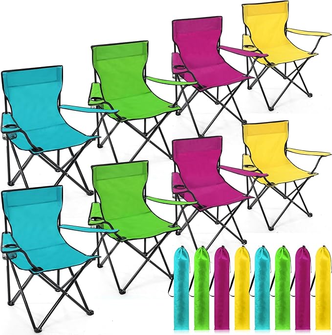 8 Pcs Folding Camping Chairs with Cupholder and Carry Bag Regular Size Portable Lightweight Lawn Chair with Mesh Side Pocket for Fishing Hiking Picnic Beach Outdoor Party (Stylish)