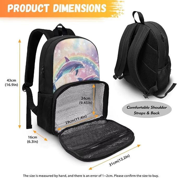 17 Inch Travel Laptop Backpack for Women, Middle-School Elementary Student Bookbags Large Capacity Casual Hiking Outdoor Daypack with Multi Pockets, Rainbow Dolphin