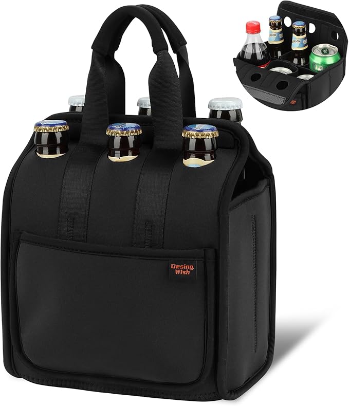 Desing Wish Portable Drinks Tote Bag for 6 PCS Beverage Cans/Bottles, Neoprene Insulated Drinks Can Bottle Carrier Tote Beverages Cans Cooler Bag Holder for Camping, Picnic, Party (Black)