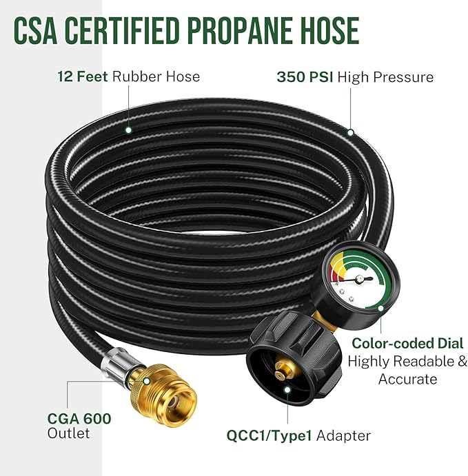 Alloxity12FT Propane Hose Adapter 1lb to 20lb with Gauge, Propane Tank Adapter 20 lb to 1 lb Converter, Gas Line Hose for Weber Q Grill, Coleman Camp Stove, Blackstone Griddle, Buddy Heater
