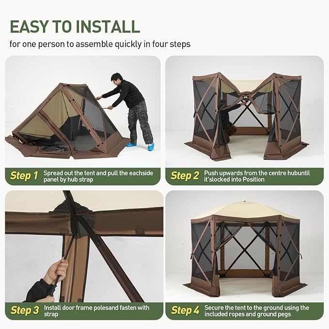Aoxun 10x10FT Pop-up Canopy Shelter Tent, 6-Sided Canopy Tent with Carry Bag and Stakes, Screen House Sun Shelter Tents for Camping, Backyard, Patio, Lawn, Brown