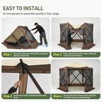 Aoxun 10x10FT Pop-up Canopy Shelter Tent, 6-Sided Canopy Tent with Carry Bag and Stakes, Screen House Sun Shelter Tents for Camping, Backyard, Patio, Lawn, Brown