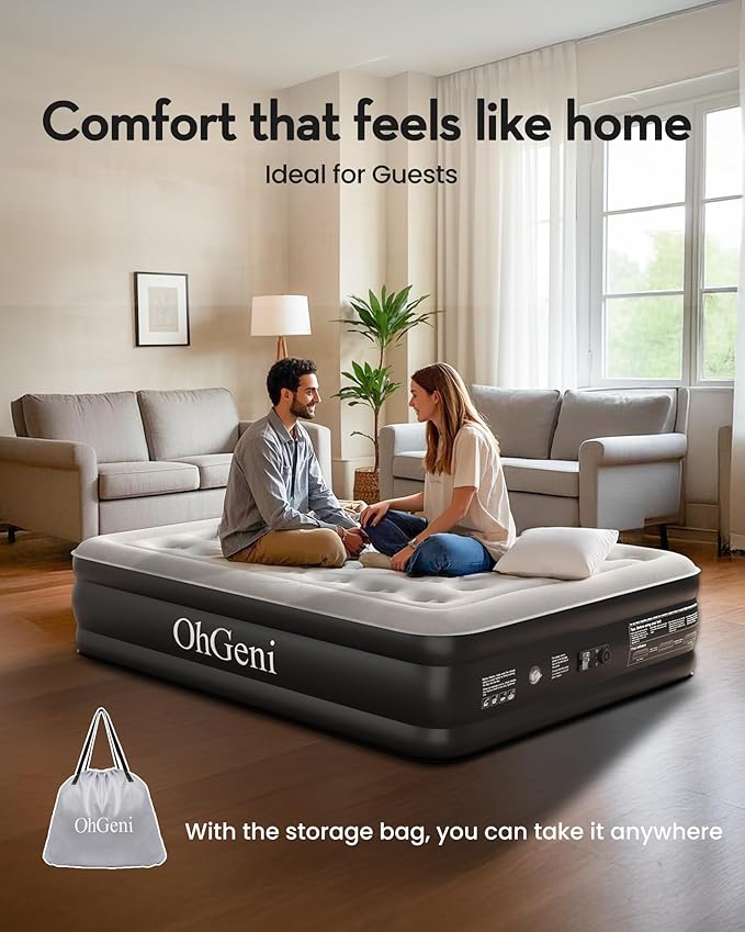 OhGeni Air Mattress Full with Built in Pump, Ideal Alternative to a Bed, 18'' Raised Comfortable Blow Up Colchones Inflables Mattress for Home, Guests, Foldable Portable Bed for Adults, 600 lbs