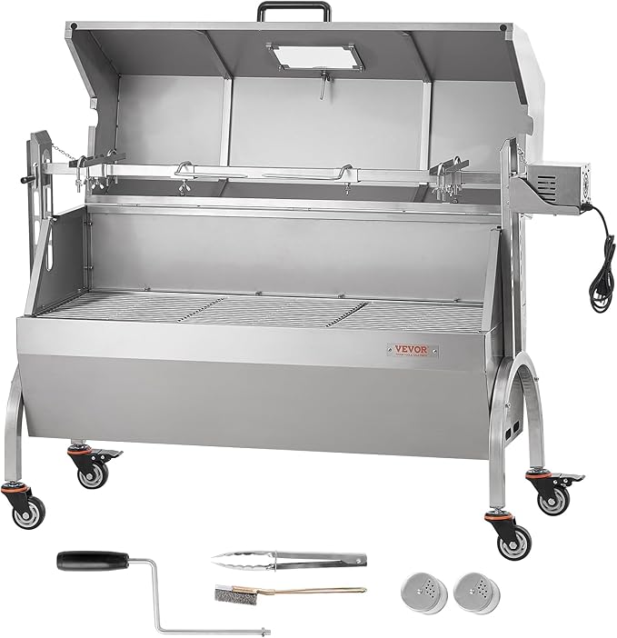 VEVOR Rotisserie Grill with Hooded Cover Roaster, 46 Inch 198Lbs Capacity, BBQ Outdoor Pig Lamb Rotisserie Roaster, Electric 52W Motor Stainless Steel Roasterfor Camping Outdoor Barbecue