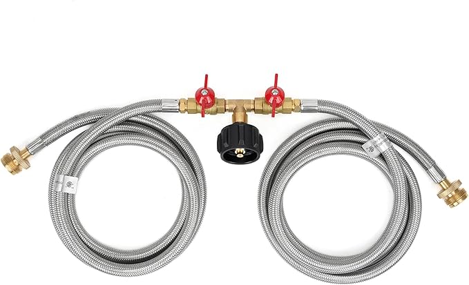 Stanbroil 5 Feet Stainless Braided Propane 2 Way Splitter Adapter Hose with Shut Off Valve Perfect for Camping, Heater, Grill, Stove